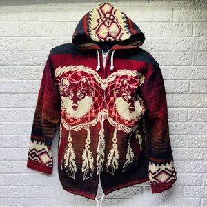 Tejidos Ruminahui M Native Dream Catcher Wolf Wool Blend Zip Hooded Jacket • G‼
